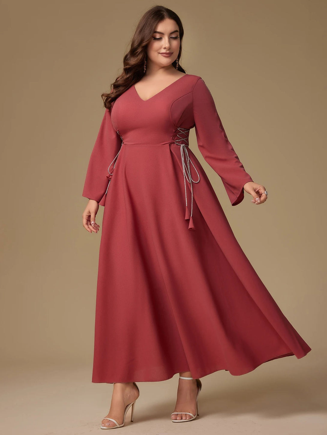 Plus Size V-Neck Belted Dress – Rhinestone Detail BLYNTRA