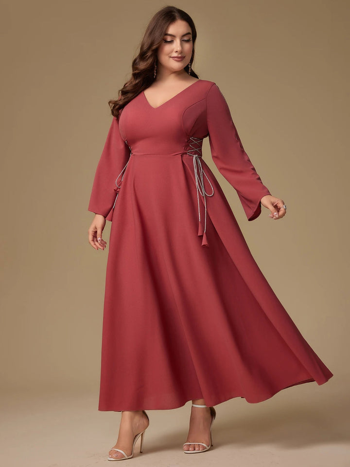 Unithorse Plus Size Women's V-Neck Belt Rhinestone Decor Mid-Length Long Sleeve Dress SHOPPING HUB