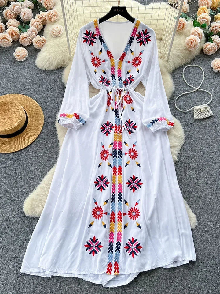 Women Spring Summer Vestidos French Sweet Embroidered V-Neck Drawstring Waist Wrap Retro Ethnic Style Fake Big Swing Dress D5823 SHOPPING HUB