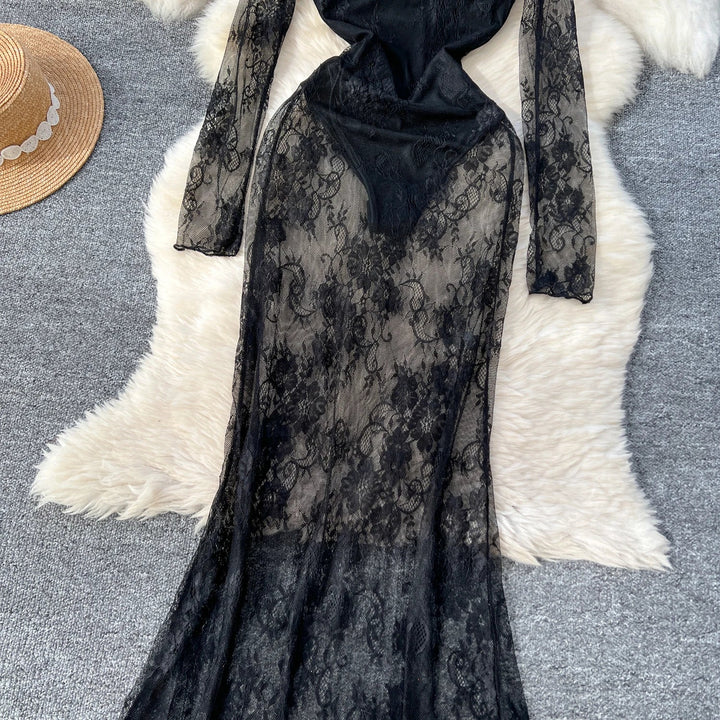 Sexy Dresses Women 2024 European American Dress Autumn Winter New See Through Lace Slim Fit Hip Hugging Long Vestidos SHOPPING HUB
