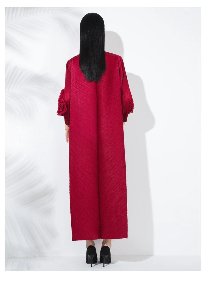 Miyake Fold 2025 Spring/summer New Long Dress Solid Color Nail Beaded Applique Bubble Sleeve Disc Flower Elastic Half-neck Dress SHOPPING HUB