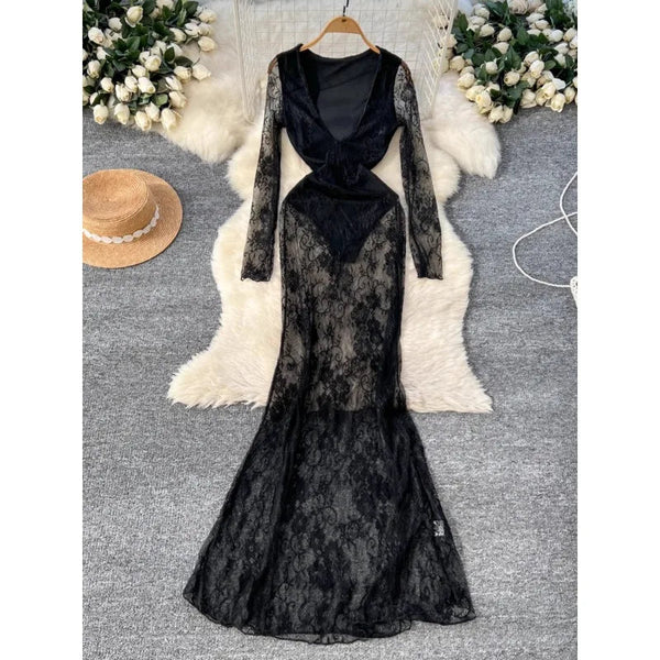 Sexy Dresses Women 2024 European American Dress Autumn Winter New See Through Lace Slim Fit Hip Hugging Long Vestidos SHOPPING HUB