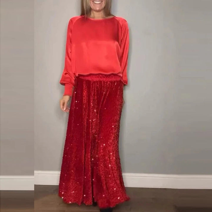 Elegant Satin round Neck Sweatshirt & Sequined Skirt Set Retro Solid Color Sequin Elastic Waist Skirt Suit For Women Outfits New SHOPPING HUB