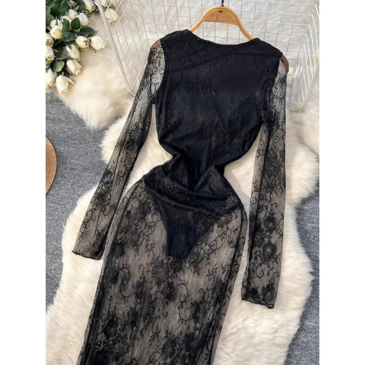 Sexy Dresses Women 2024 European American Dress Autumn Winter New See Through Lace Slim Fit Hip Hugging Long Vestidos SHOPPING HUB