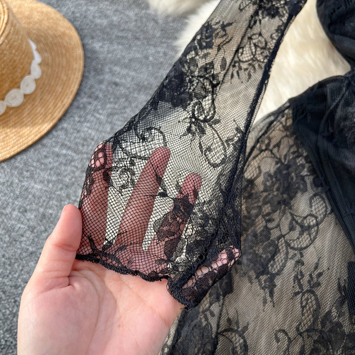 Sexy Dresses Women 2024 European American Dress Autumn Winter New See Through Lace Slim Fit Hip Hugging Long Vestidos SHOPPING HUB