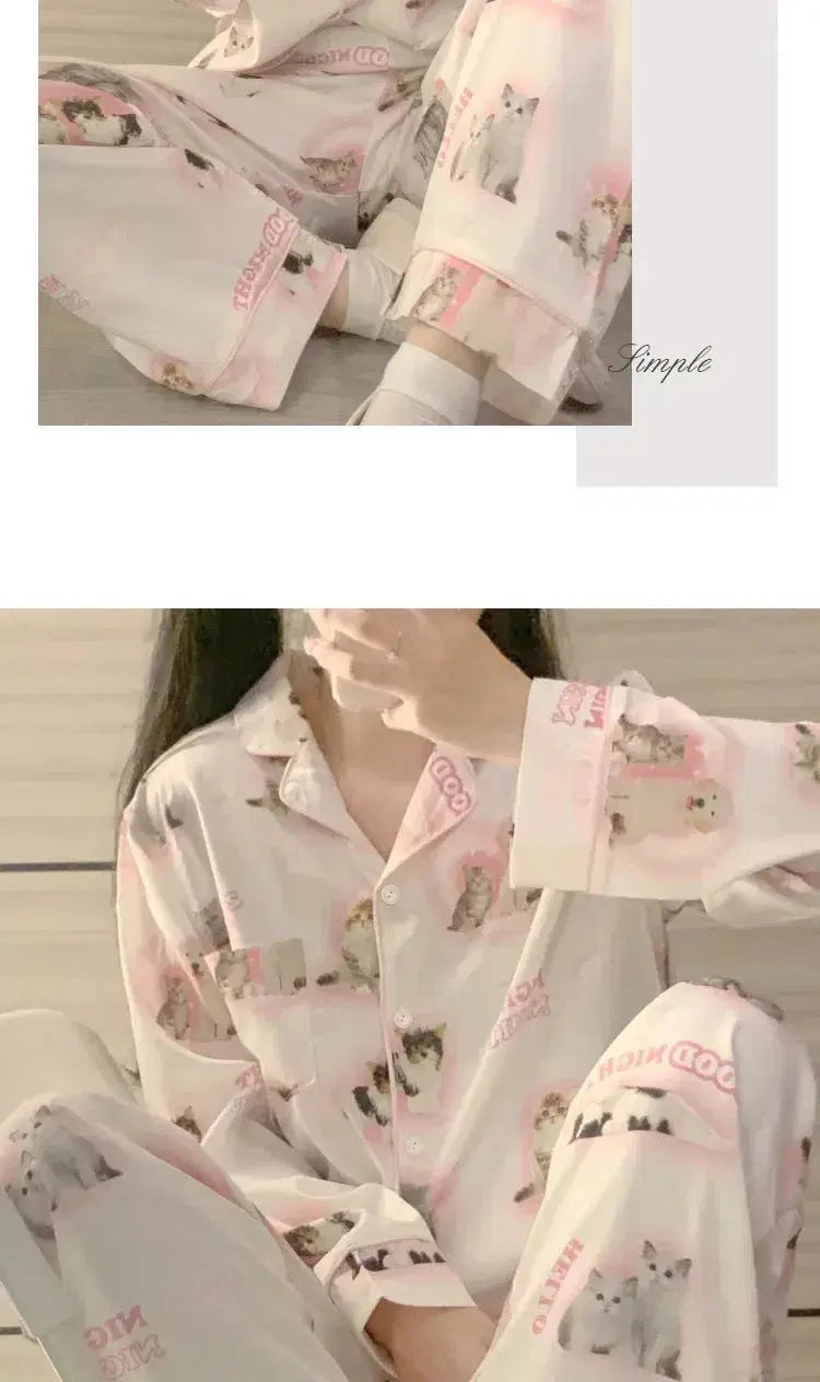 High Quality Ice Silk Cute Cat Print Summer New Thin Pajamas Female Spring Summer Silk Homewear Set Nightwear Sleepwear nightie SHOPPING HUB