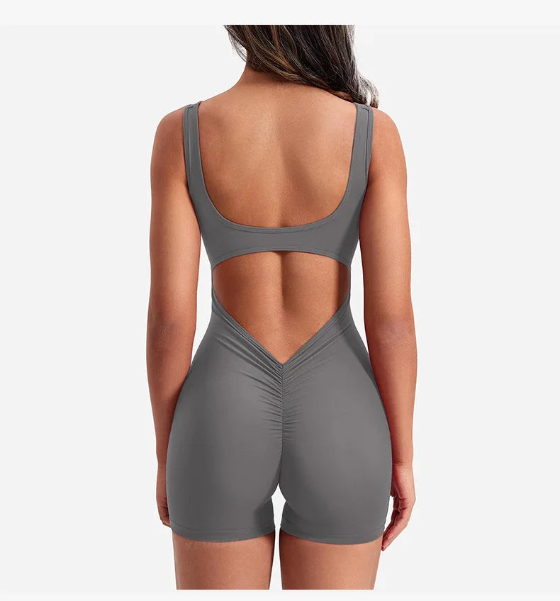 Women's Gym Clothing Yoga Solid Ruched Backless Sleeveless Square Collar Skinny Sexy Rompers Ropa Deportiva Mujer Gym Playsuits BLYNTRA