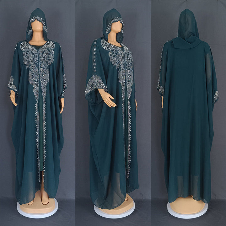 Eid Muslim Dress for Women Hooded Abaya 2 Piece Set Diamond Jalabiya Morocco Party Dresses Dubai Abayas Kaftan Vestido Long Robe SHOPPING HUB