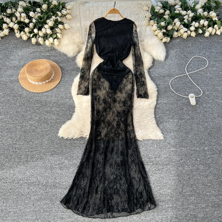 Sexy Dresses Women 2024 European American Dress Autumn Winter New See Through Lace Slim Fit Hip Hugging Long Vestidos SHOPPING HUB
