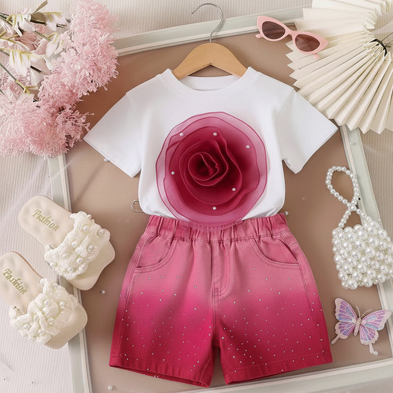 T-shirt Gradient Denim Shorts Two-piece Set Silicone Back Scrub Bath Brush