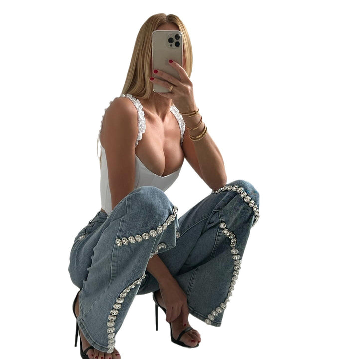 Loose Straight Leg Jeans And Fashionable Casual Pants With A Rhine Stone Denim Design Around Them Suitable For Women Silicone Back Scrub Bath Brush