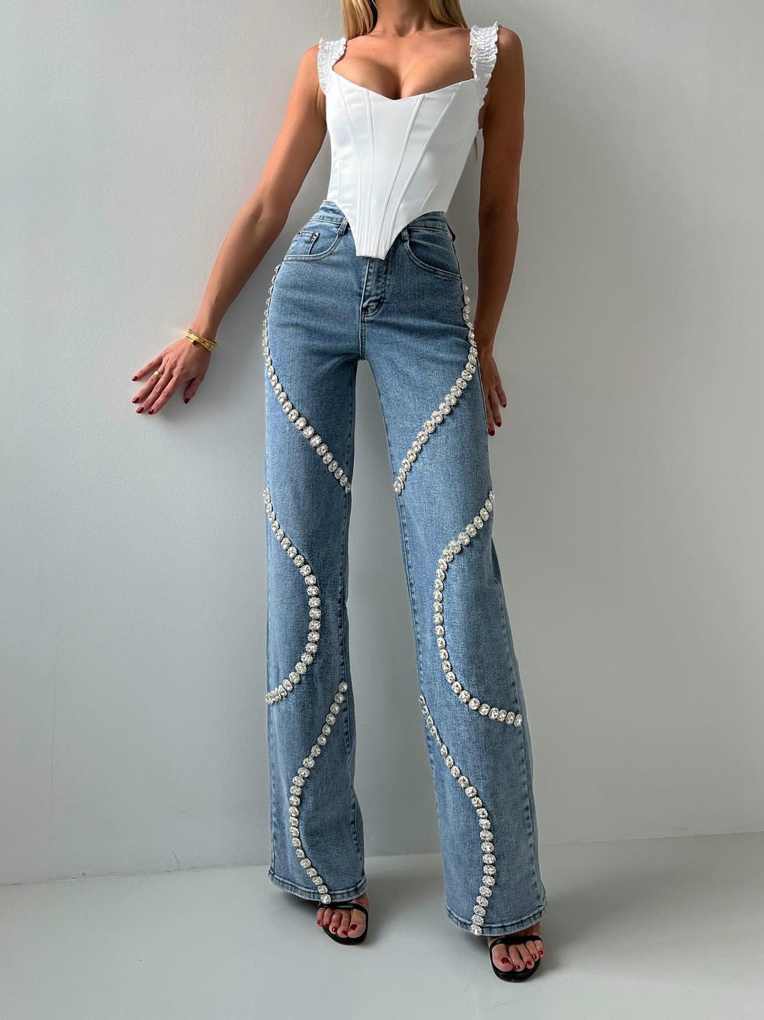 GlamStone Women's Rhinestone Straight-Leg Jeans Silicone Back Scrub Bath Brush