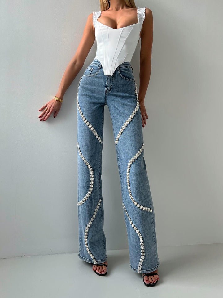 Loose Straight Leg Jeans And Fashionable Casual Pants With A Rhine Stone Denim Design Around Them Suitable For Women Silicone Back Scrub Bath Brush
