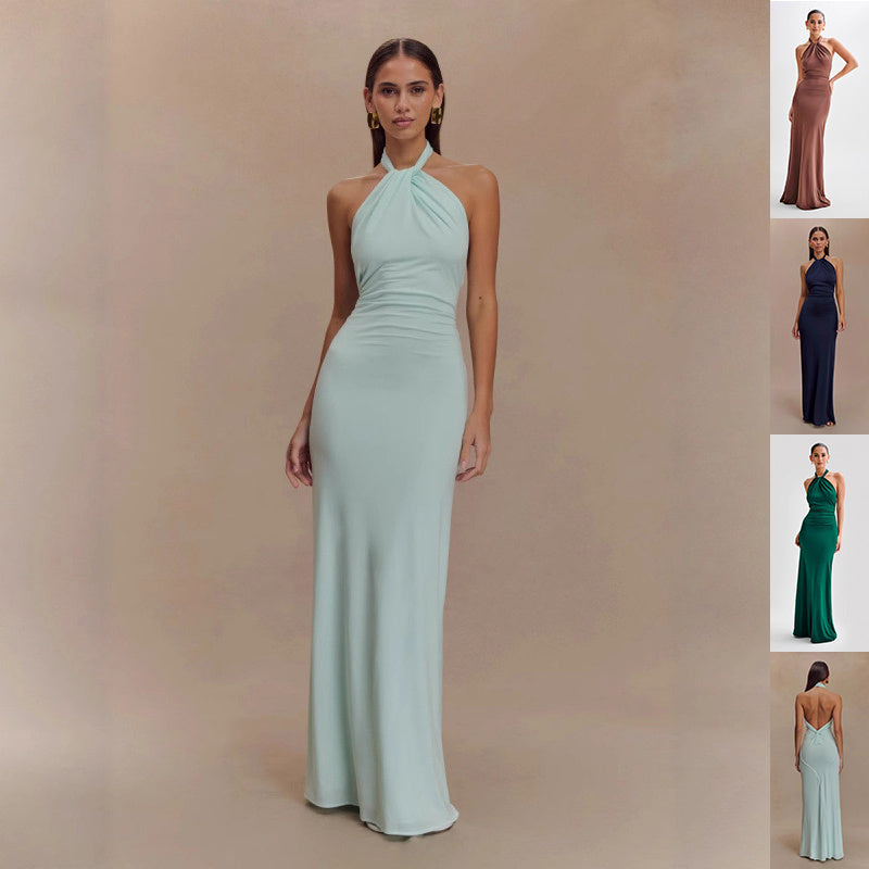 Ins Bodycon Halter Dress Sexy Backless Slim Fit Waist Slimming Maxi Dresses Prom Party Club Clothing For Women Silicone Back Scrub Bath Brush