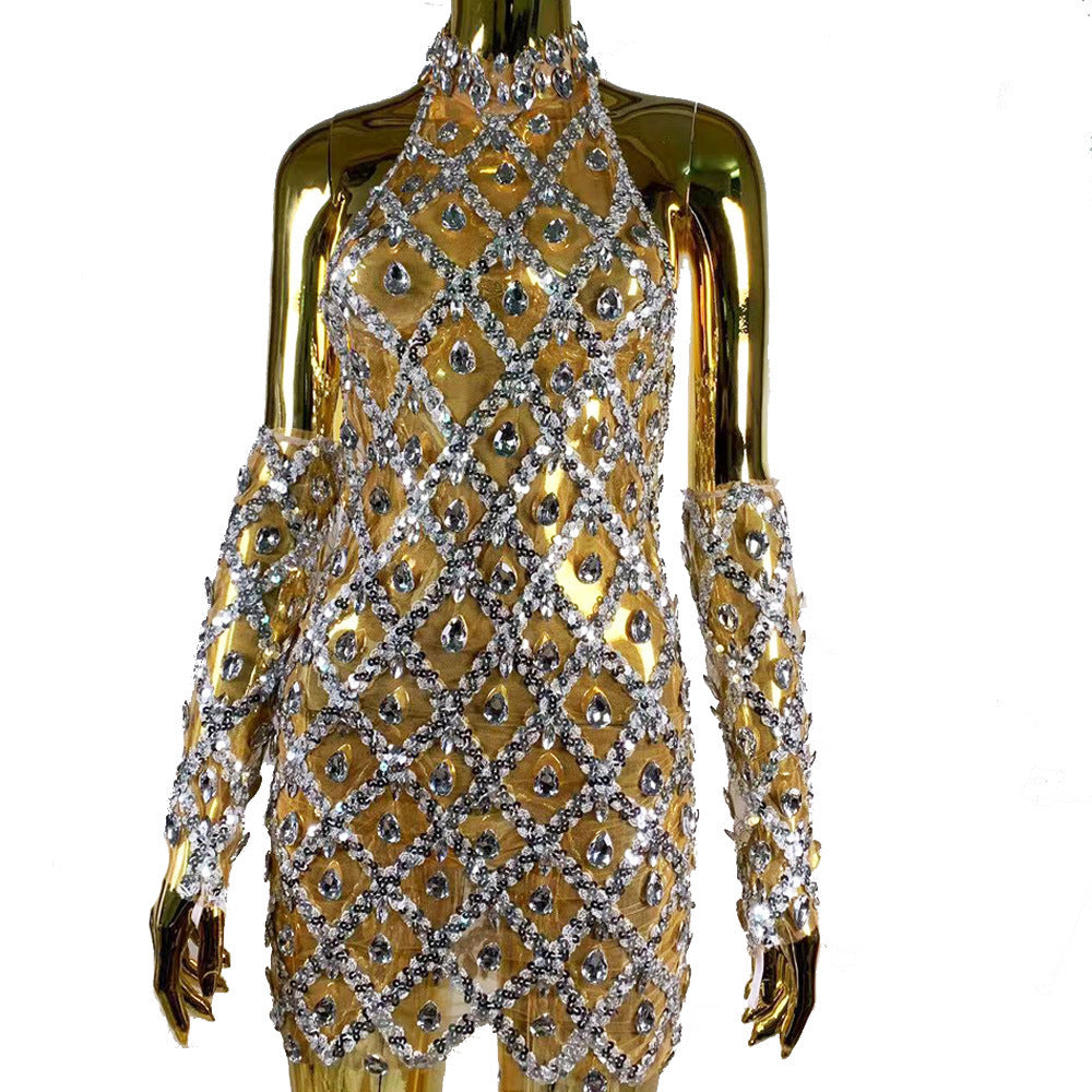 BLYNTRA High-End Rhinestone Plaid Sequined Dress with Gloves – Ultra-Short Party Dress BLYNTRA