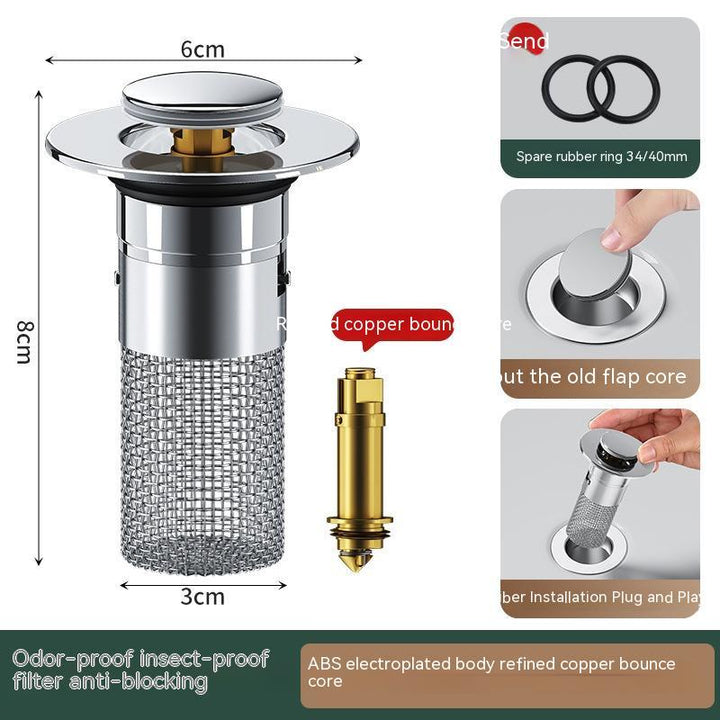 Wash Basin Bounce Core Drainer Push-type Wash Basin Leaking Plug Deodorant Anti-blocking New Filter Net SHOPPING HUB