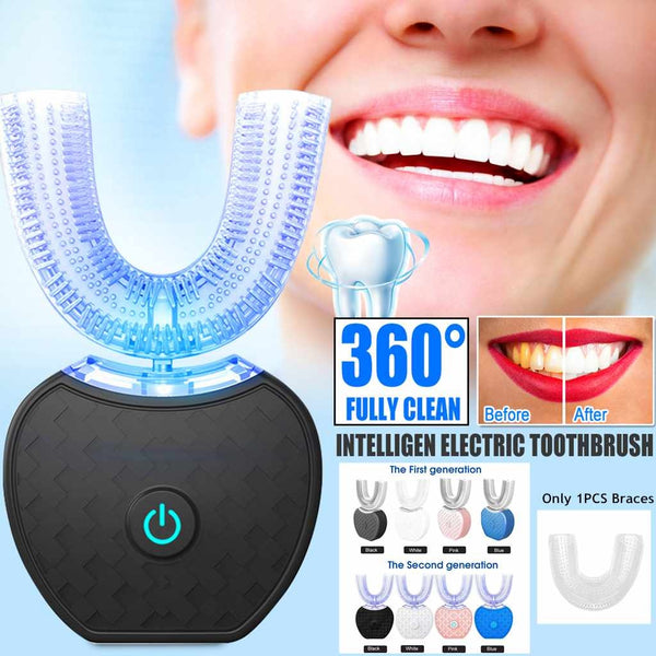 360 Degrees Intelligent Automatic Electric  Toothbrush Waterproof U Type Tooth Brush Whitening Blue Light USB Charging Silicone Back Scrub Bath Brush