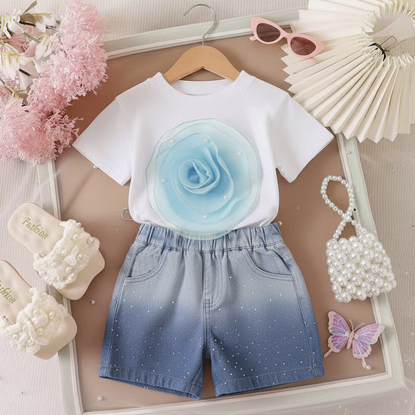 T-shirt Gradient Denim Shorts Two-piece Set Silicone Back Scrub Bath Brush