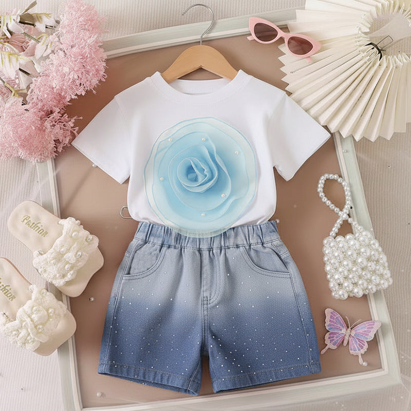 T-shirt Gradient Denim Shorts Two-piece Set Silicone Back Scrub Bath Brush