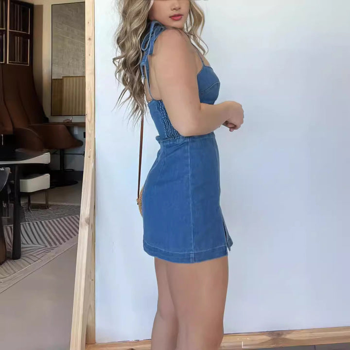 Square Neck Suspender Split Denim Dress With Back Zipper Design Summer Fashion Slim Sling Short Dresses For Women Silicone Back Scrub Bath Brush